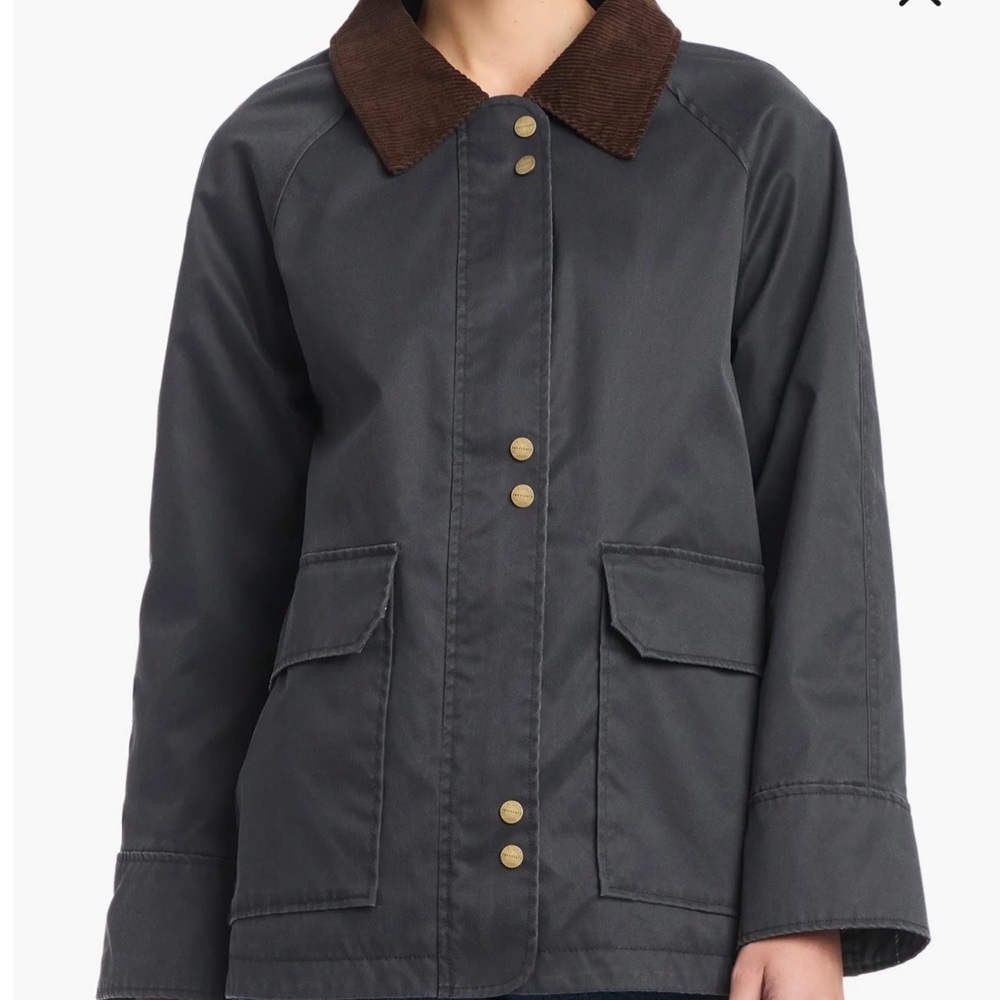 Sanctuary Waxed Barn Jacket Black with Brown Collar. Sleeves turn up.